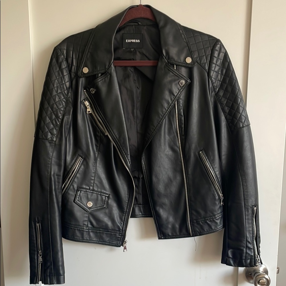 Express Black Leather Biker Jacket with Quilted Details
